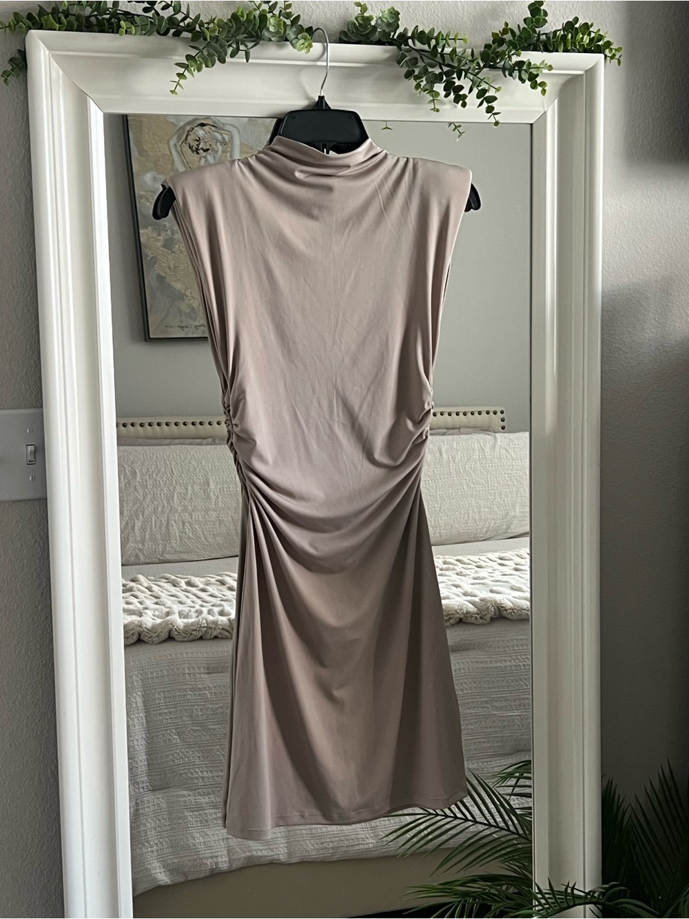 H&M Sleeveless Ruched Mock Neck Midi Dress in Taupe